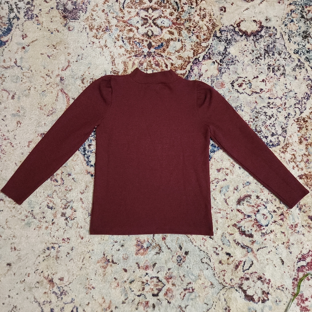 Madewell (Re)sourced Mockneck Puff-Sleeve Top Sweater Burgundy Size Small - Picture 3 of 14